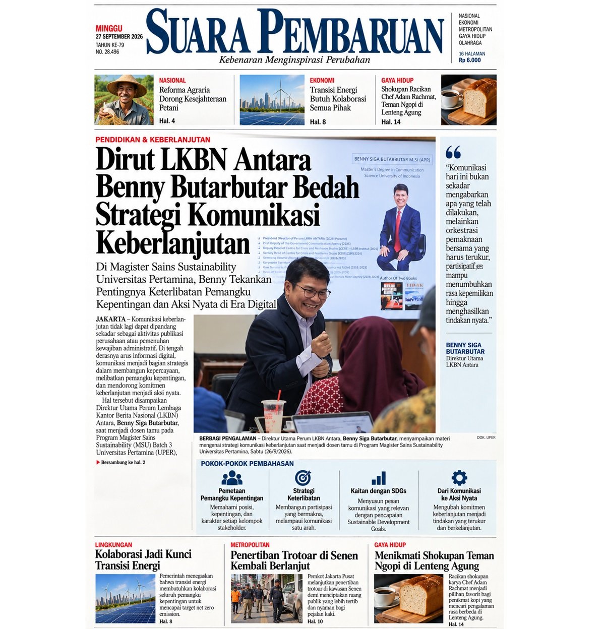Dirut LKBN Antara Benny Butarbutar Bedah Strategi Komunikasi Keberlanjutan di Magister Sains Sustainability Universitas Pertamina